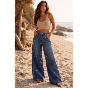 We The Free Westward Embroidered Under The Sea Wide Leg Jeans Size 28 New W Tags